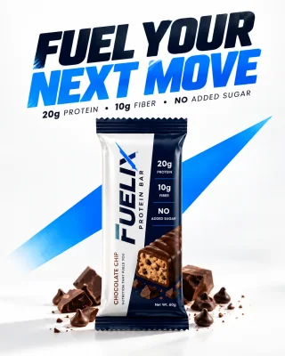 Fuelix chocolate protein bar wrapper displayed with rich chocolate chunks and a blue energy lightning graphic.